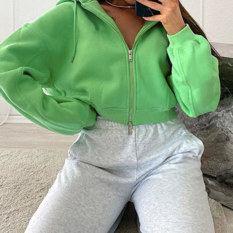 Green Cropped Zip Hoodie