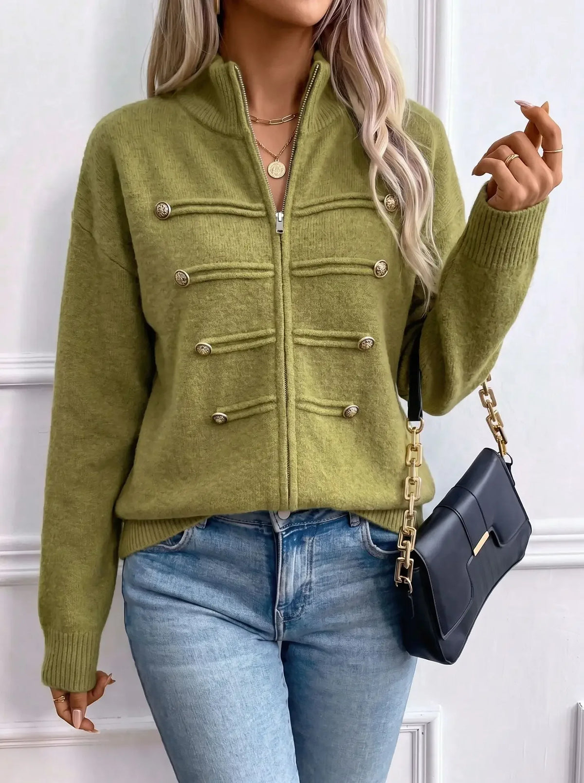 Stand Collar Zip Knit Cardigan