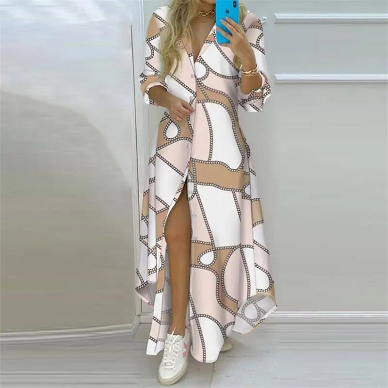Elegant Printed Long Shirt Dress
