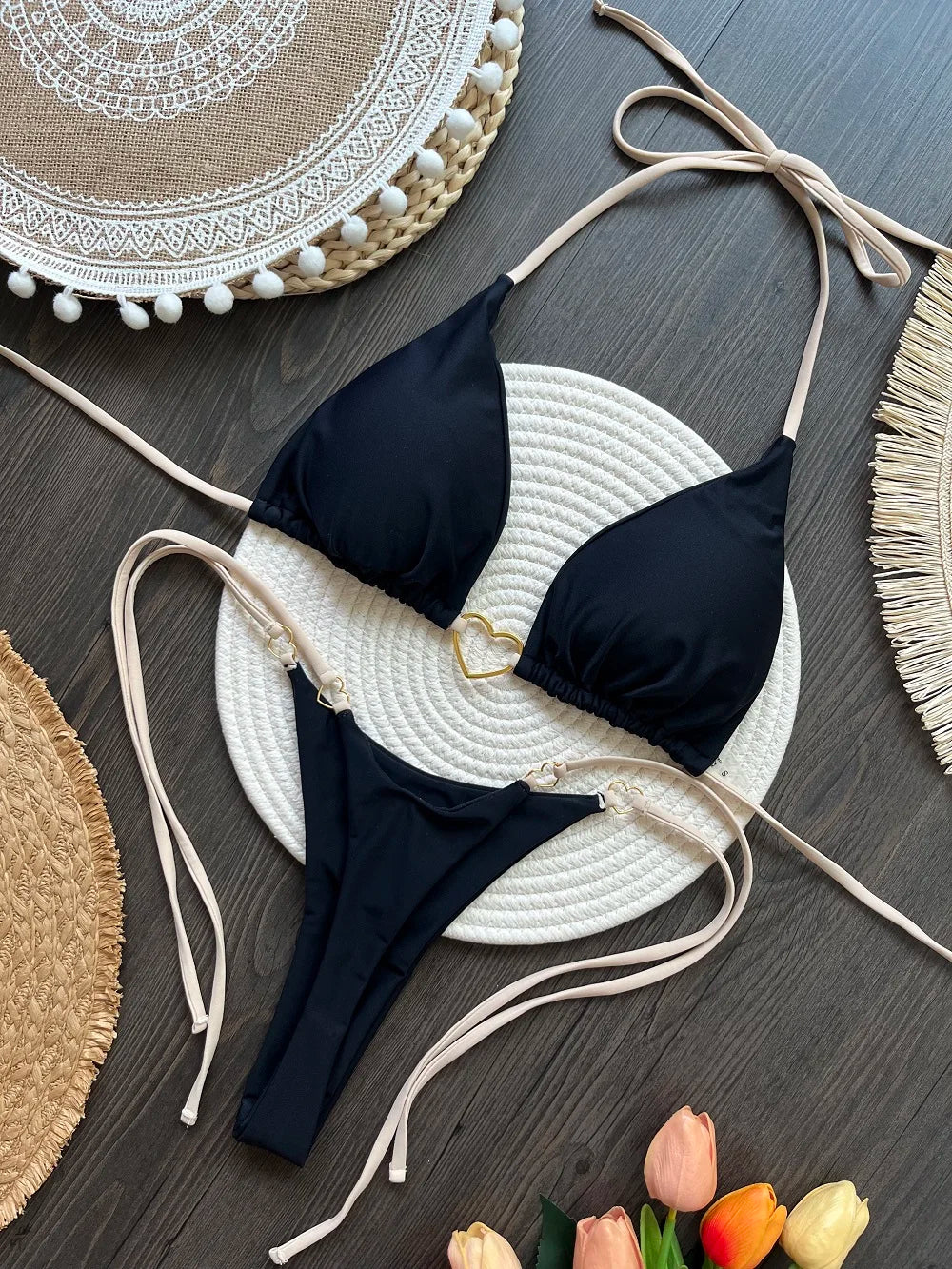 Solid Color Halter Bikini Set