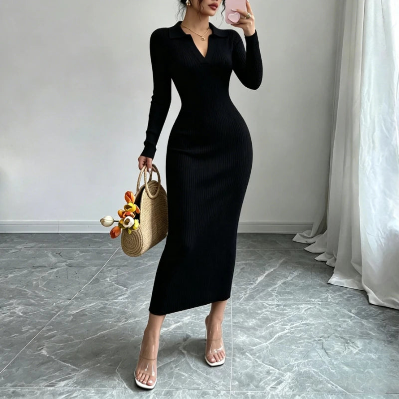 Ribbed Knit Long Sleeve Sweater Dress