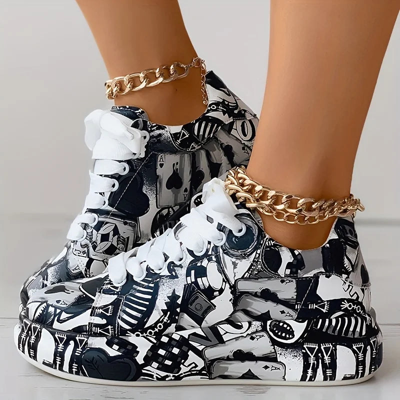 Women's Graffiti Print Low-Top Platform Sneakers