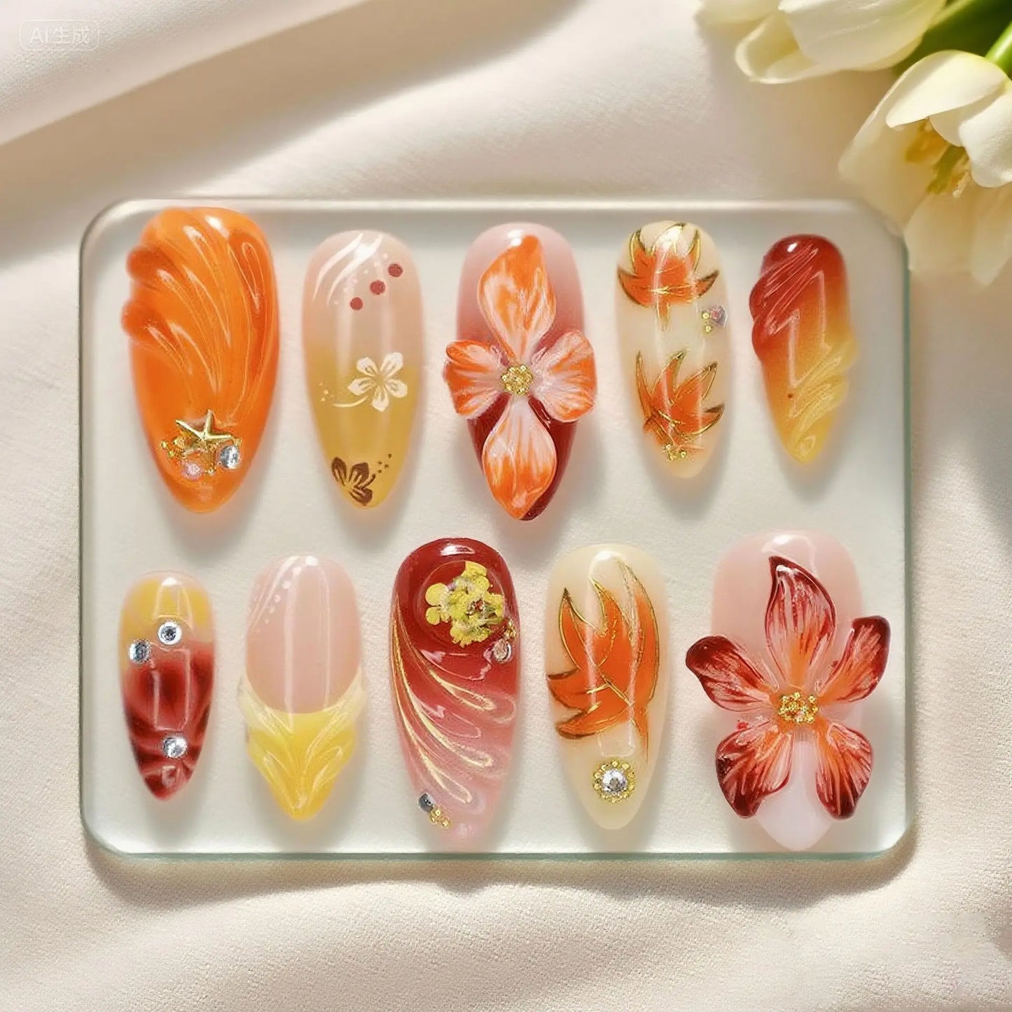 3D Flower Almond Press-On Nails