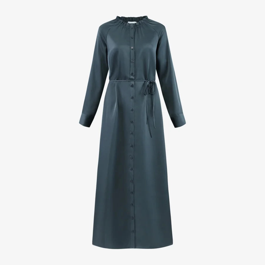 Satin Ruffled-Neck Dress with Removable Belt