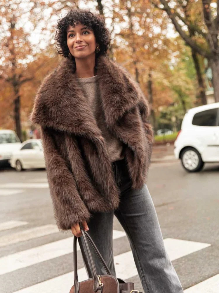 Retro Collar Faux Fur Coat