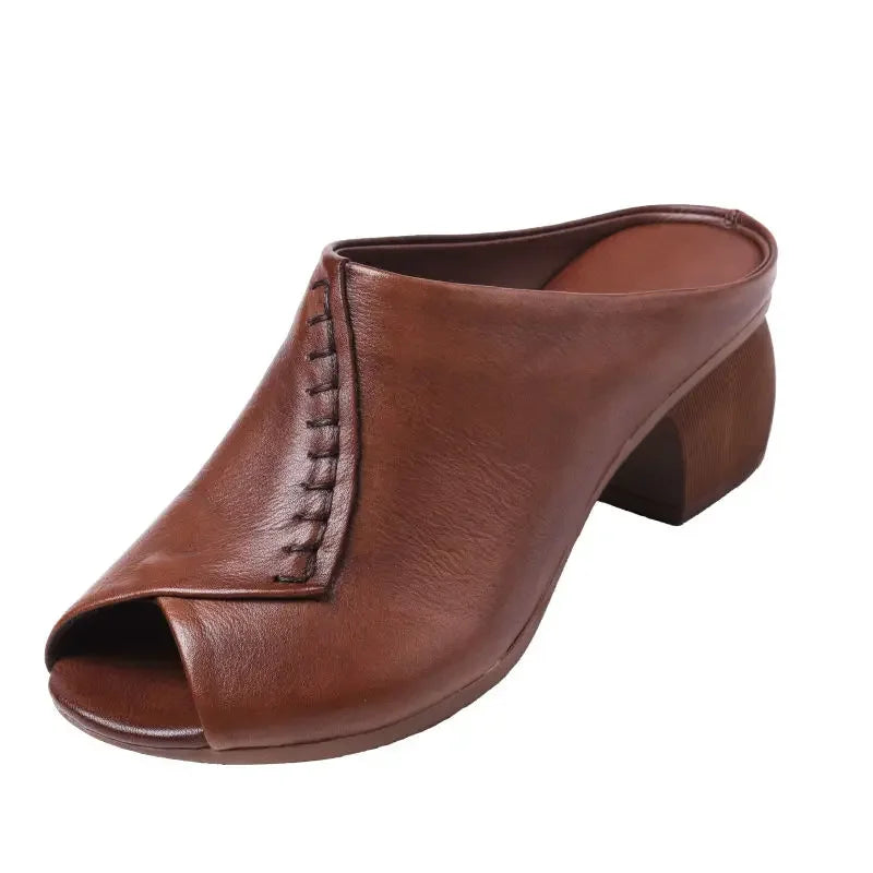 Thick-Heeled Leather Sandals