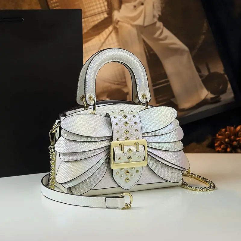 Pearl Rivet Leather Shoulder Bag