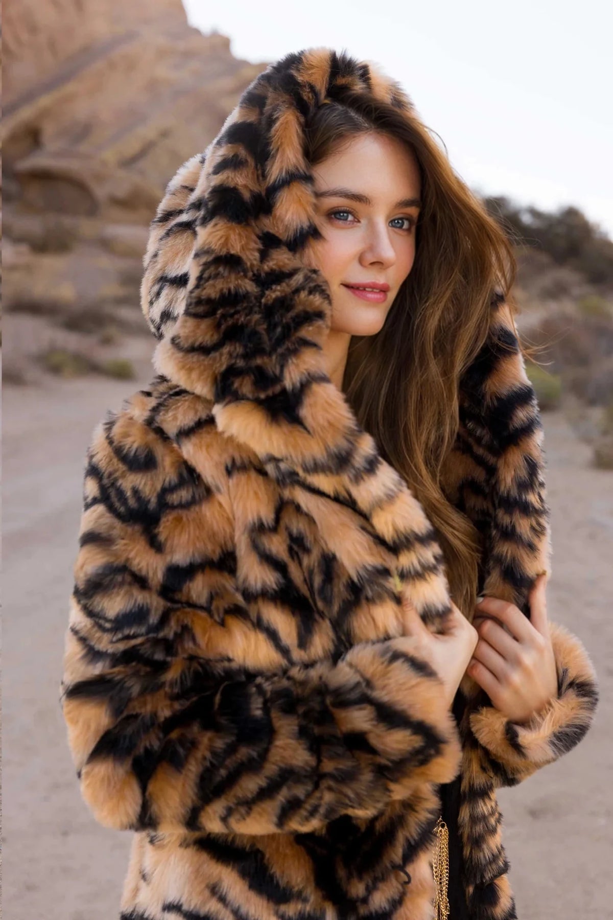 Tiger Stripe Hooded Faux Fur Coat