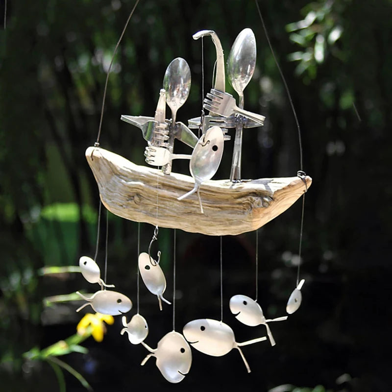Hanging Metal Fisherman Sculptures