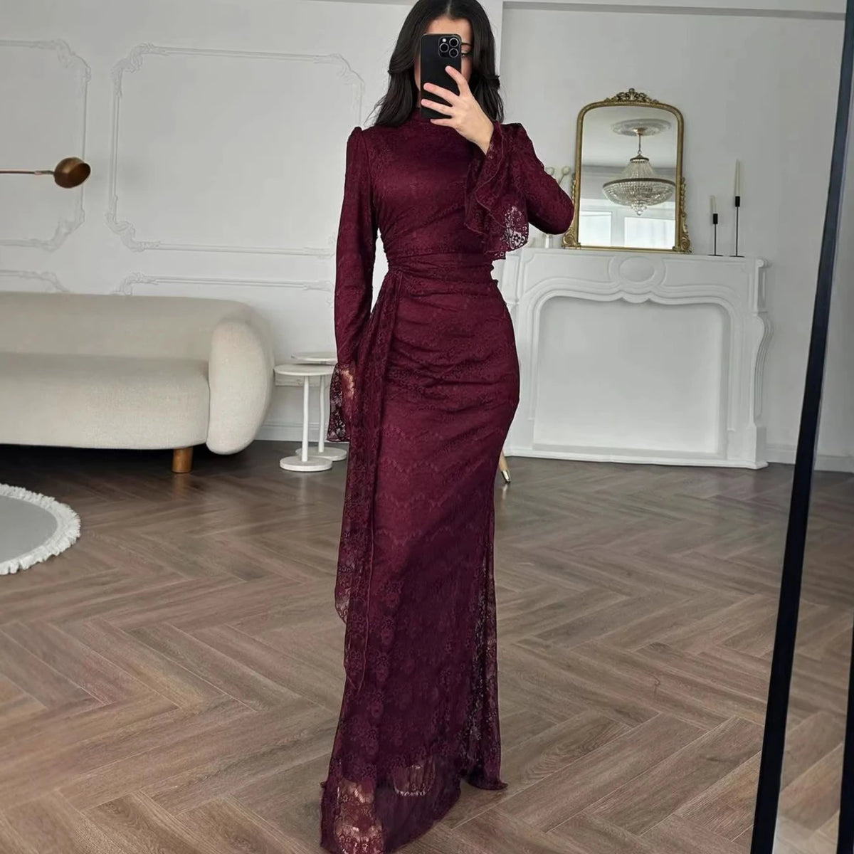 Lace Fitted Bell Sleeve Ankle-Length Dress