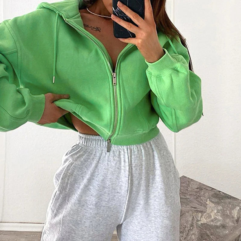 Green Cropped Zip Hoodie