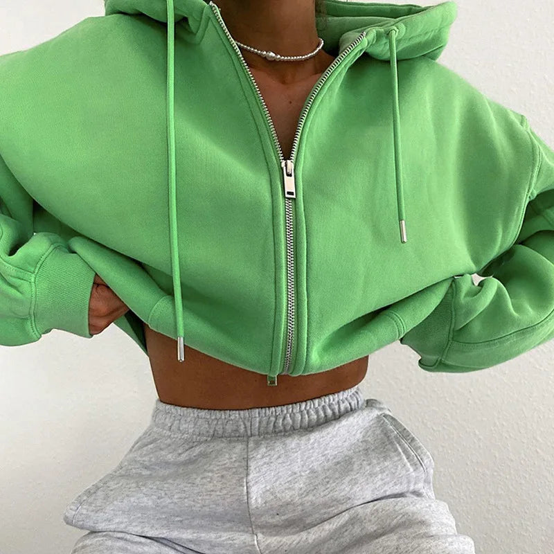 Green Cropped Zip Hoodie