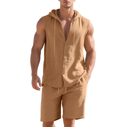 Linen Hooded Sleeveless Shirt Set