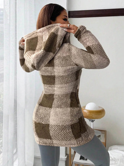 Plaid Fleece Hooded Zip Jacket