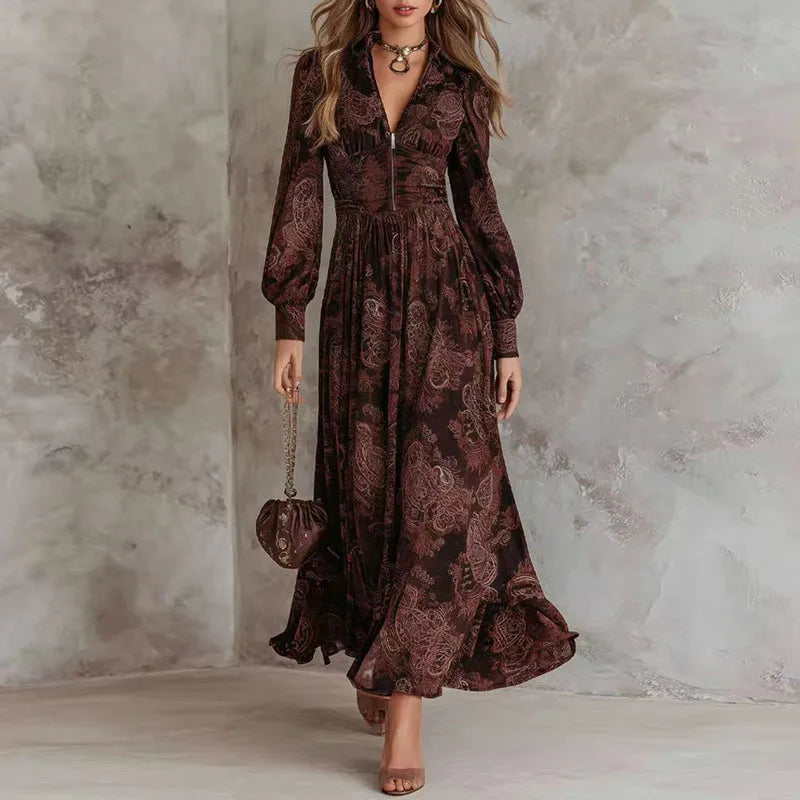 Floral Print V-Neck Pleated Long Dress