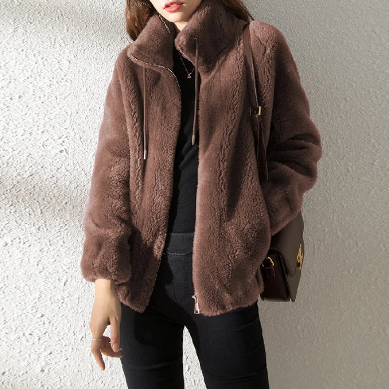 Mandarin Collar Faux Fur Coat