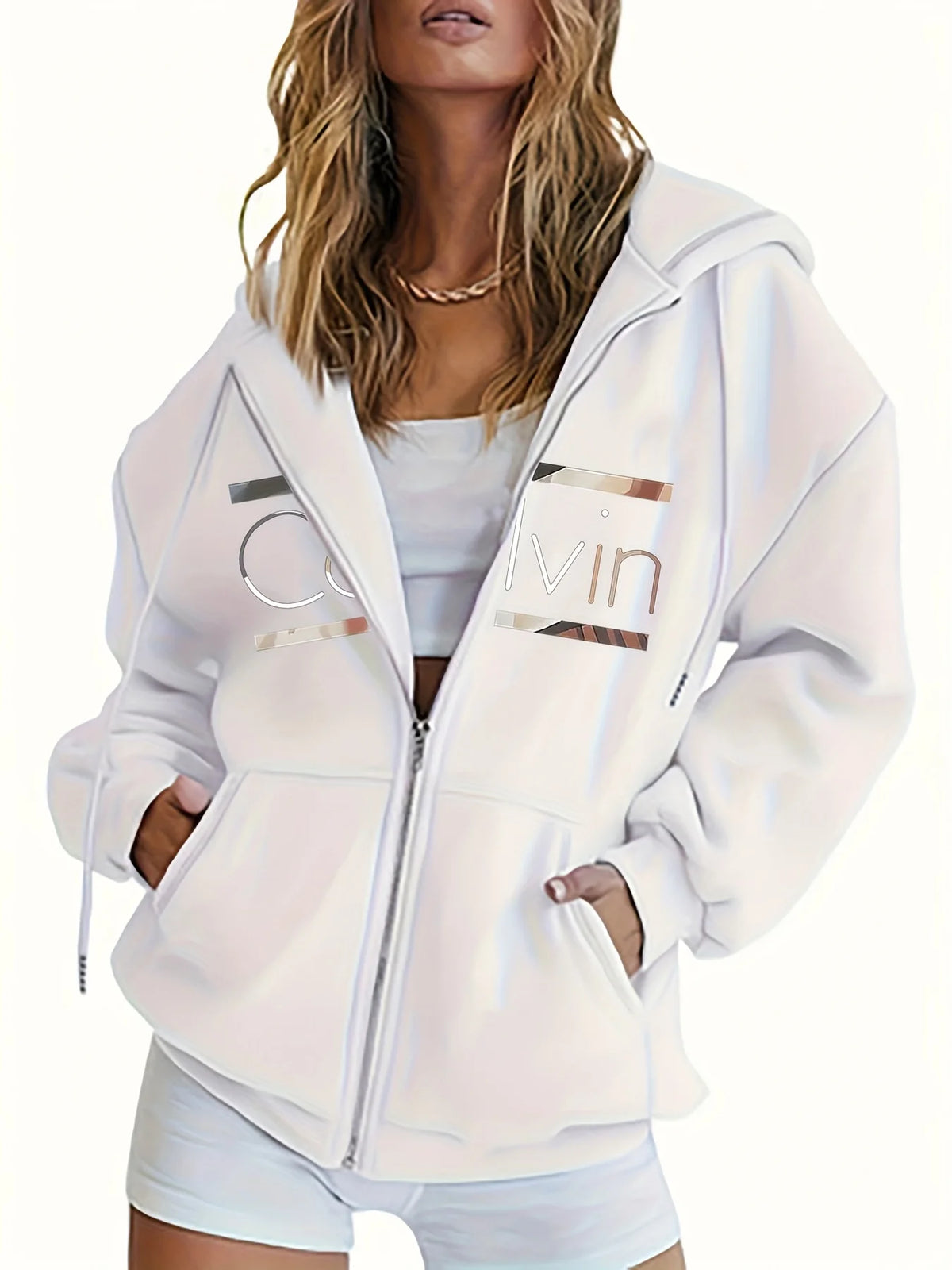 Brown Zip-Up Print Hoodie