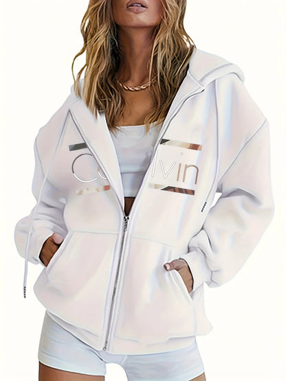 Brown Zip-Up Print Hoodie