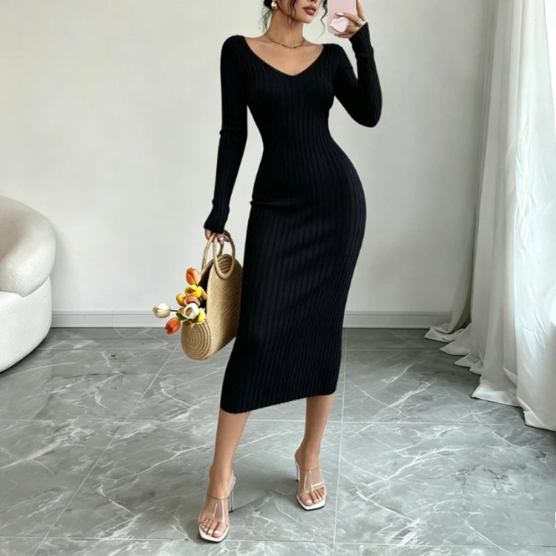 Ribbed Knit V-Neck Sweater Dress