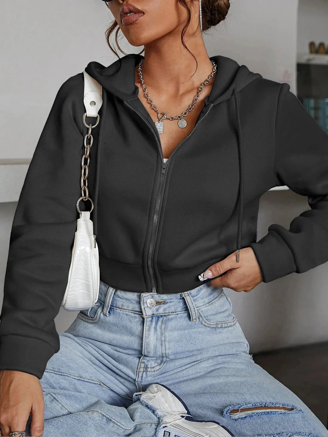 Cropped Drop-Shoulder Zip Hoodie