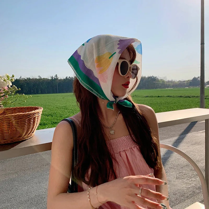 Cotton Linen Square Floral Scarf