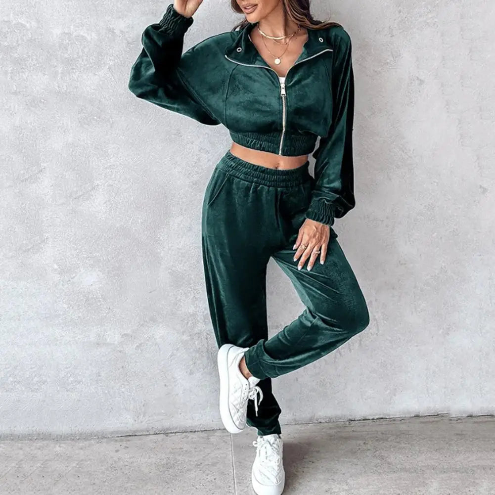 Women Velvet Two-Piece Tracksuit Set
