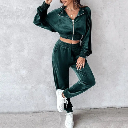 Women Velvet Two-Piece Tracksuit Set