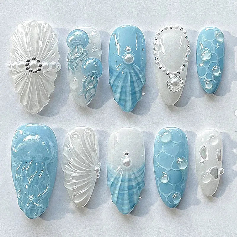 Gradient Blue Flower Press-On Nails