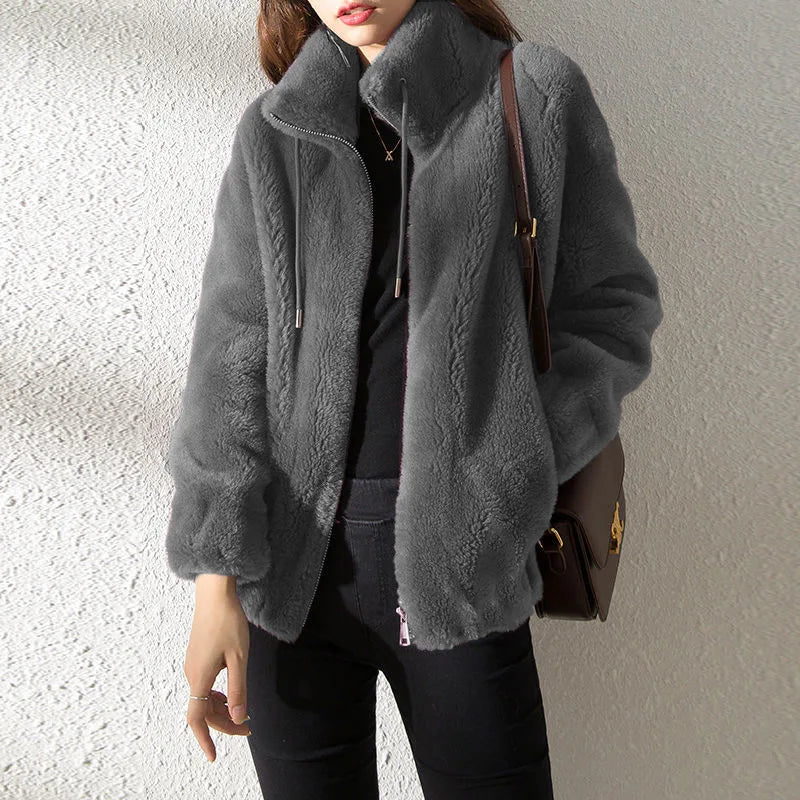 Mandarin Collar Faux Fur Coat