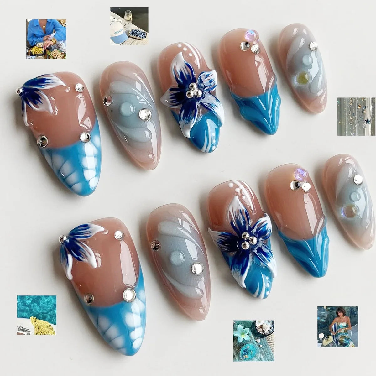 Gradient Blue Flower Press-On Nails
