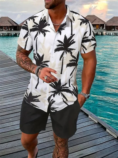 3D Leaf Print Hawaiian Shirt Set