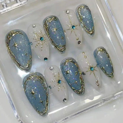 Gradient Blue Flower Press-On Nails