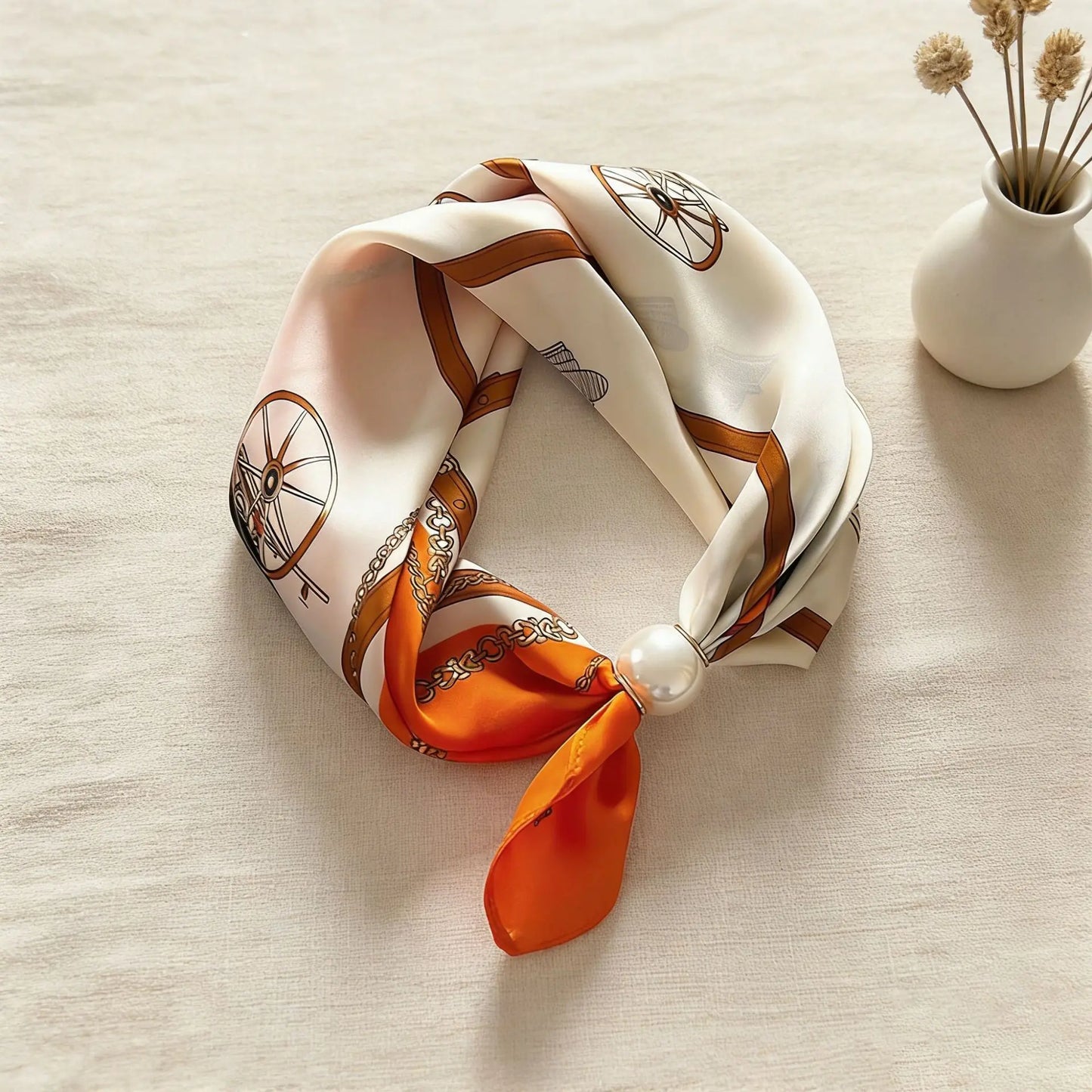 Print Scarf Silk Pearl Buckle