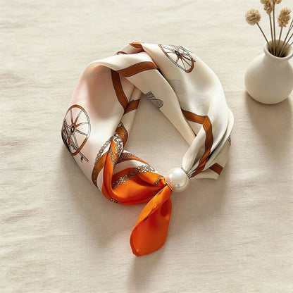 Print Scarf Silk Pearl Buckle