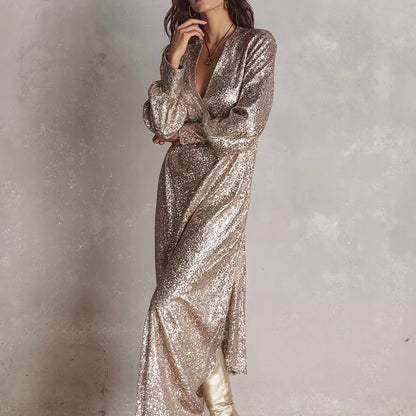 Sequined V-Neck Long Sleeve Loose Dress