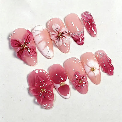 3D Flower Almond Press-On Nails