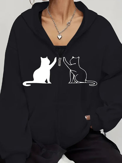 Cat Print Zip Hooded Jacket