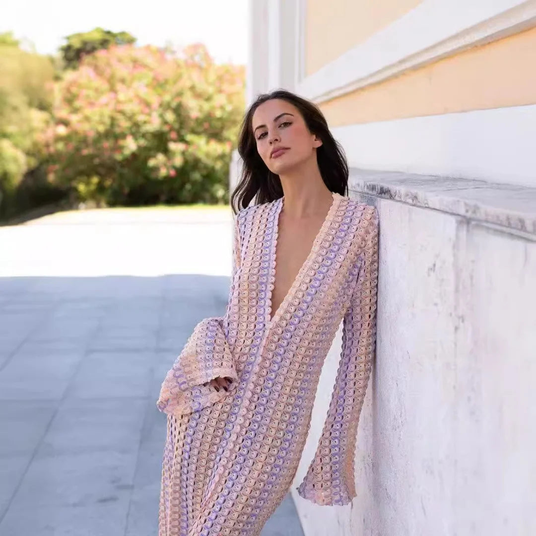 Crochet Striped Flare Sleeve Maxi Dress