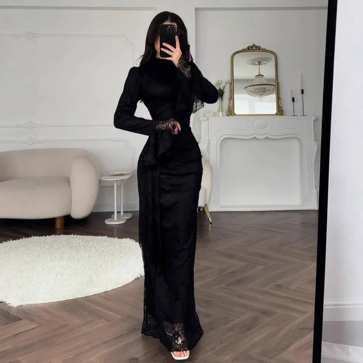 Lace Fitted Bell Sleeve Ankle-Length Dress