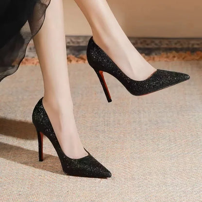 Red Sole Sequin Pointed High Heels