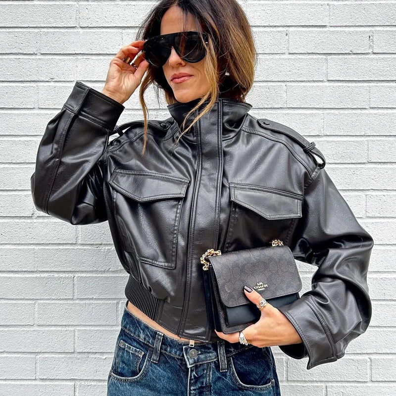 Cropped Faux Leather Jacket