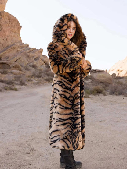 Tiger Stripe Hooded Faux Fur Coat