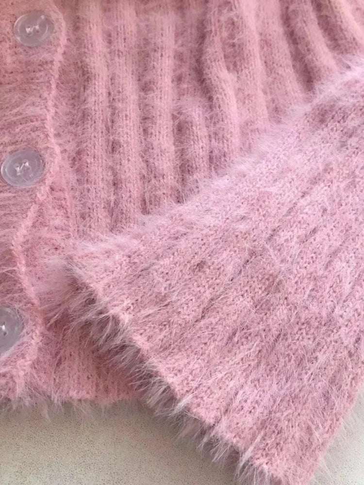Fuzzy V-Neck Knit Cardigan