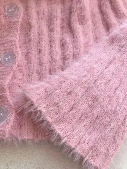 Fuzzy V-Neck Knit Cardigan