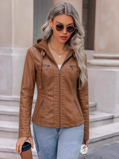 Detachable Hood Faux Leather Jacket