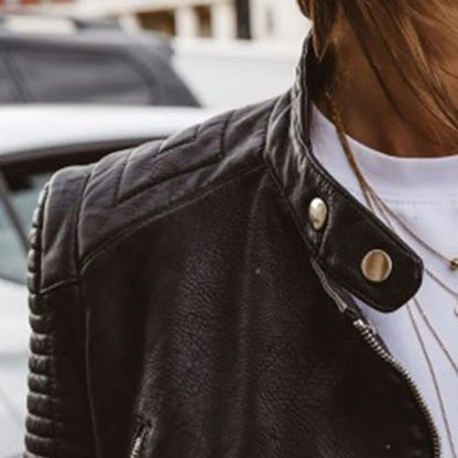 Faux Leather Stand Collar Jacket