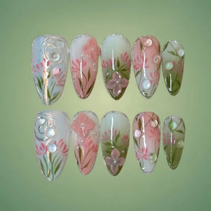 3D Flower Almond Press-On Nails
