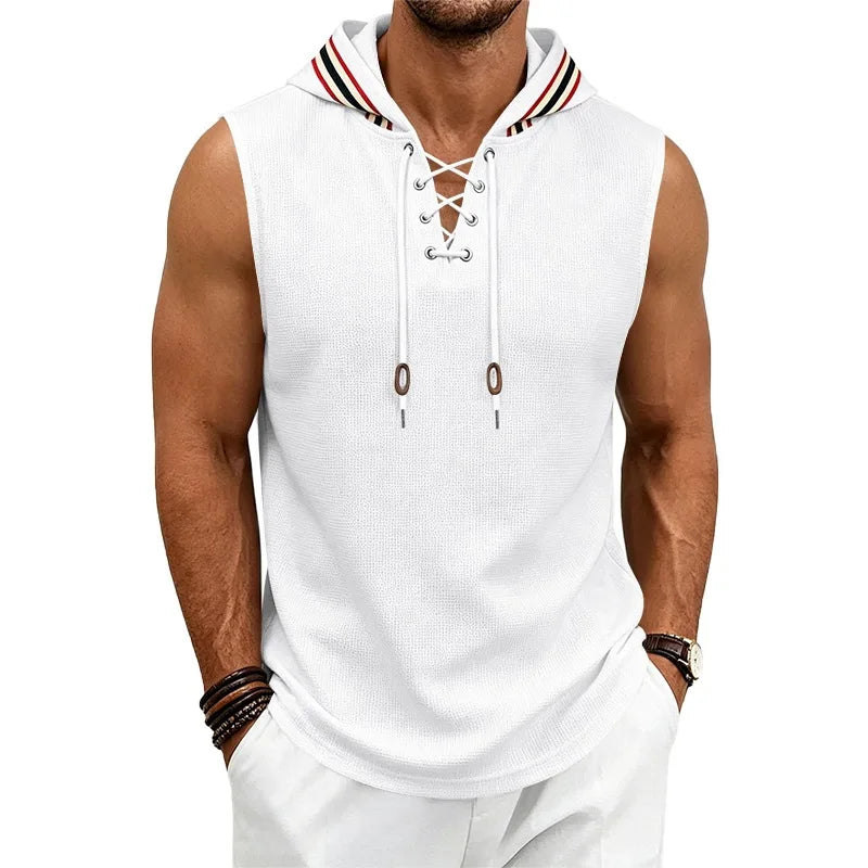 Cross-Lacing Waffle Knit Hooded Vest