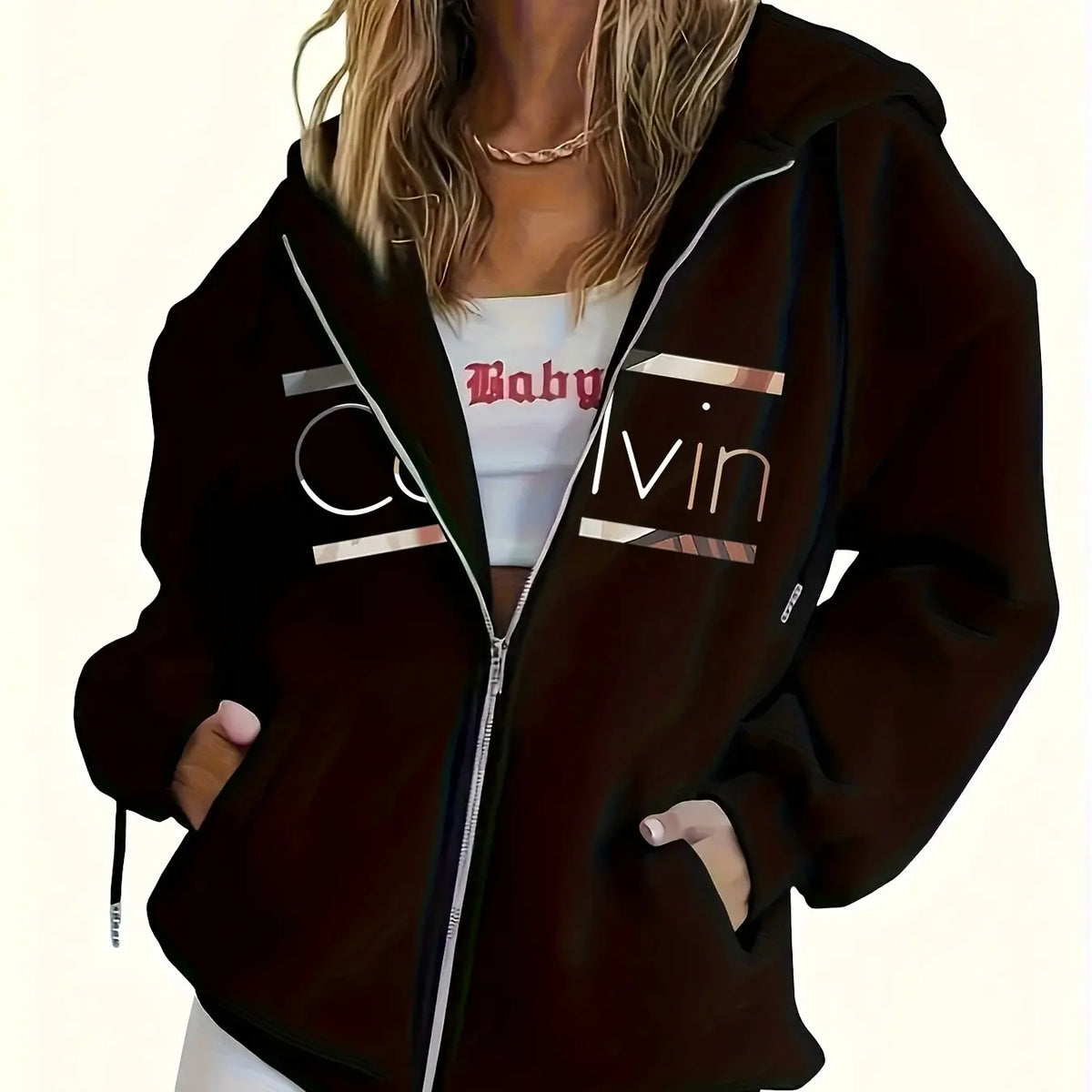 Brown Zip-Up Print Hoodie