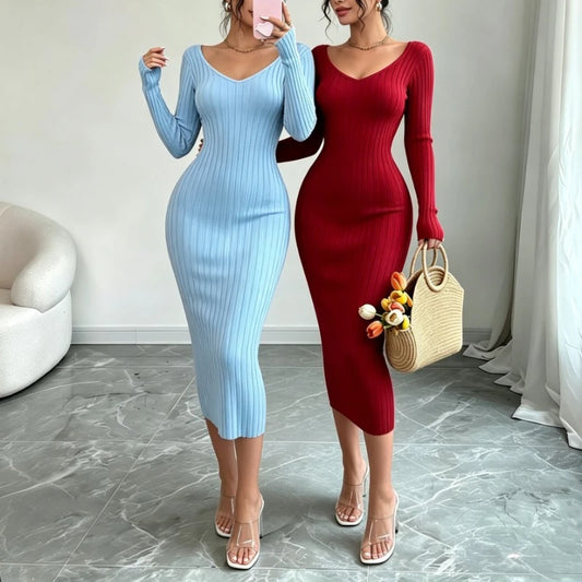 Ribbed Knit V-Neck Sweater Dress